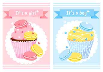 Baby Shower. Cute postcard for girl and boy with cupcakes, macaroons and hearts.