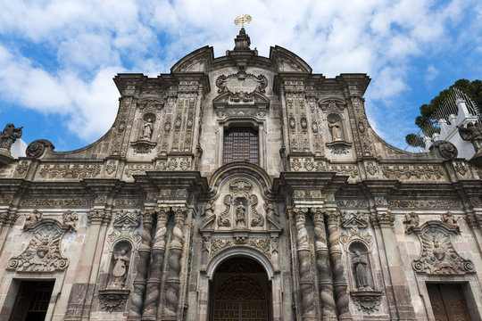 The facade of the Church of the Society of Jesus (La Iglesia de la Compania de Jesus) in the city of Quito, in Ecuador, South America