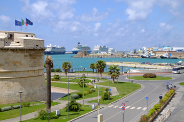 View on the port of Civitavecchia and a tower of the Forte Michelangelo.