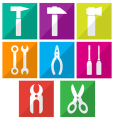 White tools on colorful background flat icons, vector set