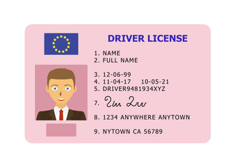 Driving id license with person photo, identification card. Vector illustration.