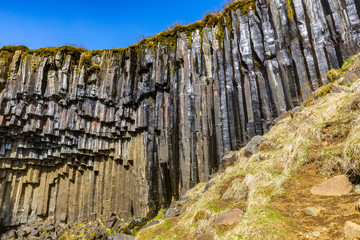 Close-up of basalt columns of Svartifoss waterfall in the Skaftafell National Park, Iceland