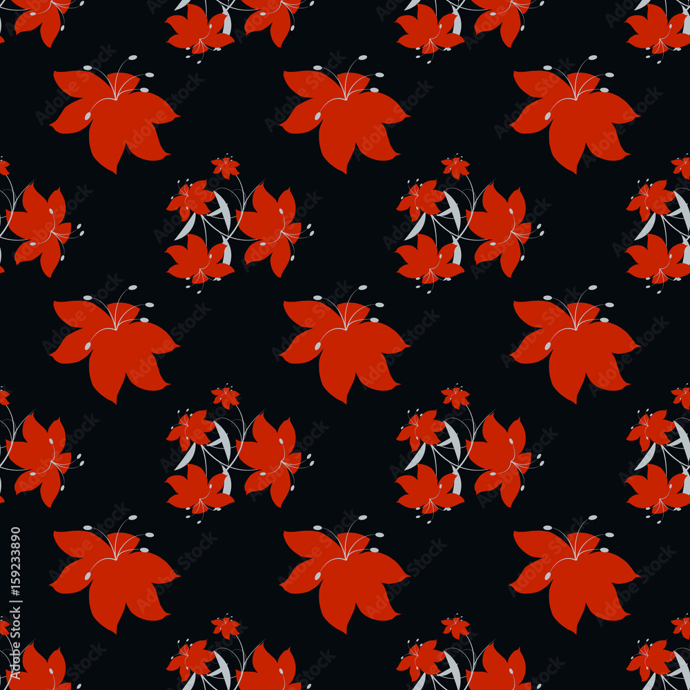 Poster red flowers seamless vector pattern with black background