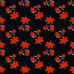 Fototapeta na wymiar Red flowers seamless vector pattern with black background