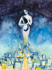 The night.Woman with black cat on hands.City in foreground.Picture ctereated with watercolors.