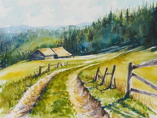 Watercolor rural landscape. Beautiful green field, blue sky and road to the mountains.
