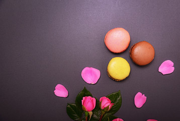 pink roses and three multicolored macaroons