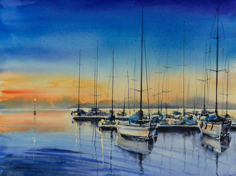 Yacht harbor at night.Picture ctreated with watercolors.