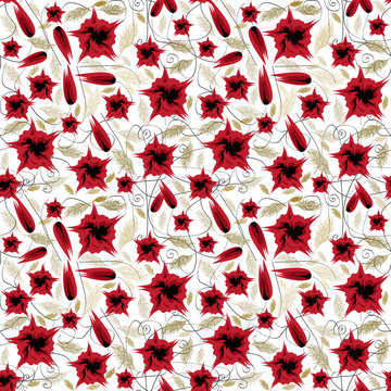 pattern corolle e boccioli rossi con foglie dorate