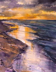 Beautiful colours after sunset on a beach.Picture created with watercolors.