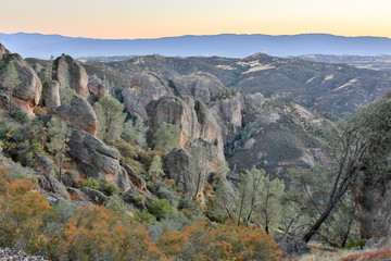 Dusk over Pinnacles National Park, California, USA. Landscape filled with volcanic rocks of pinnacles at the magical hours.