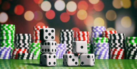 Casino chips and dice on green felt. 3d illustration