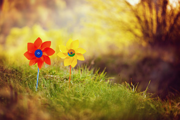 Two orange and yellow pinwheels against nature background in sunny summer day