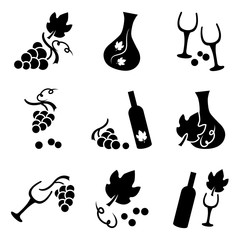 Grapes, wine glass and wine bottles, black and white vector set