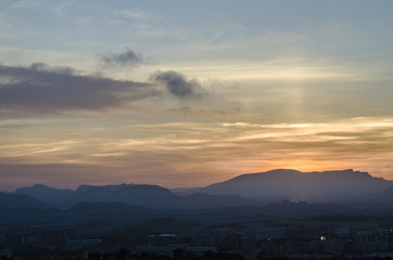 Alicante Santa Barbara castle with panoramic aerial view of the famous tourist city in Costa...