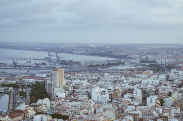 Alicante Santa Barbara castle with panoramic aerial view of the famous tourist city in Costa...