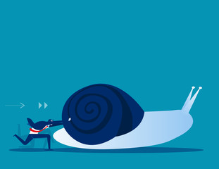 Businessman pushing snail. Concept business vector illustration. - obrazy, fototapety, plakaty