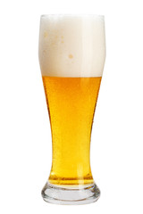 A glass of cold beer with foam, clipping path, bubbles in a drink, on a white background, isolated
