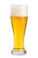 A glass of cold beer with foam, clipping path, bubbles in a drink, on a white background, isolated