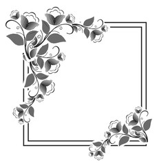 Vector picture frame. Black and white silhouette square background with floral ornament. Ornament for laser engraving.Copy space.