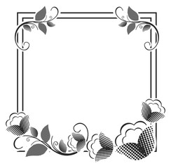 Vector picture frame. Black and white silhouette square background with floral ornament. Ornament for laser engraving.Copy space.