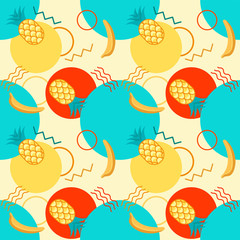 Seamless color summer pattern with pineapple and banana, geometric shapes, fashion vector backgrounds