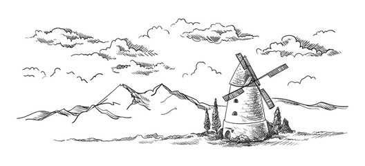 landscape with mill drawn vector llustration © vectorgoods