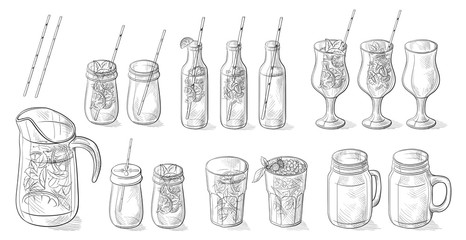 different cocktails limonade and glasses Hand drawn doodle vector illustration.