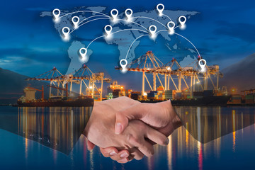 Double exposure of business people handshake greeting deal concept on Industrial port with containers cargo ship background and map pin flat network conection on world global cartography globalization