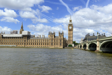 Fototapeta na wymiar Big Ben clock tower, also known as Elizabeth Tower is near Westminster Palace and Houses of Parliament on the Thames River in London has become a symbol of England and Brexit discussions