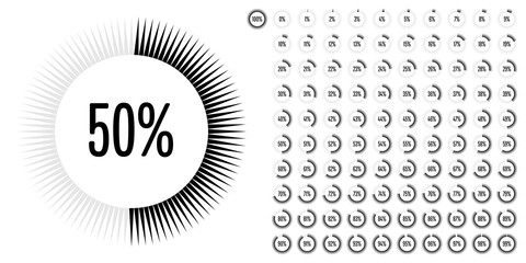 Set of circle percentage diagrams from 0 to 100 ready-to-use for web design, user interface (UI) or infographic - indicator with black