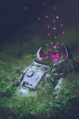 Naklejka premium the remains of the astronaut with glowing insects covered with plants, digital art style, illustration painting