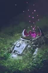 Kissenbezug the remains of the astronaut with glowing insects covered with plants, digital art style, illustration painting © grandfailure