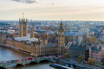 Poster Aerial panorama view on London. View towards Houses of Parliament, London Eye and Westminster Bridge on Thames River. © daliu