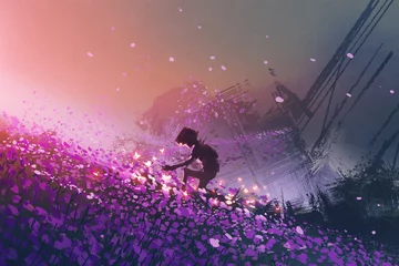 Papier Peint photo Grand échec le robot assis sur un champ violet jouant avec des papillons lumineux, style d& 39 art numérique, peinture d& 39 illustration