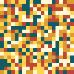 Colorful seamless pattern in retro 8bit style - pixel (squares) in vintage colors - yellow, tan, dark blue, dark orange (brick), vanilla