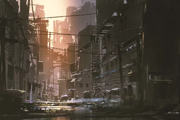 Fotobehang scenery of dirty street in abandoned city at sunset with digital art style, illustration painting © grandfailure