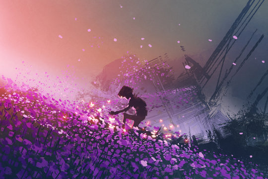the robot sitting on purple field playing with glowing butterflies, digital art style, illustration painting