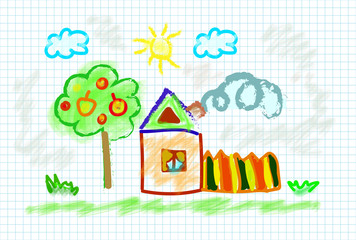 A house with a chimney and smoke on a notebook. Children's drawing style vector illustration