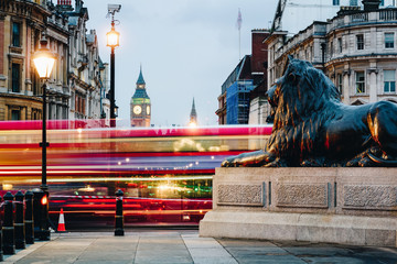 Fototapeta na wymiar Street view of Trafalgar Square towards Big Ben at night in London, UK
