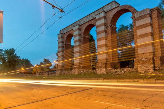 Night photo of Ruins of Roman Aqueduct in city of Plovdiv, Bulgaria