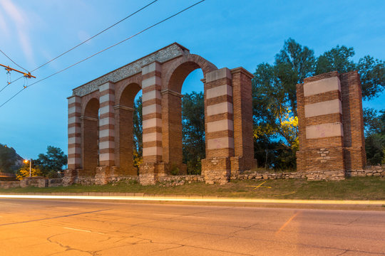 Night photo of Ruins of Roman Aqueduct in city of Plovdiv, Bulgaria