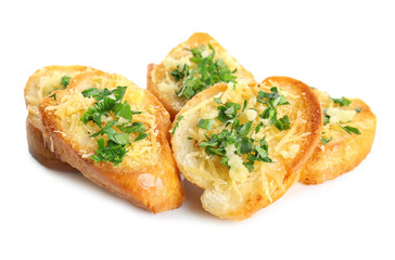Tasty bread slices with grated cheese, garlic and herbs on white background