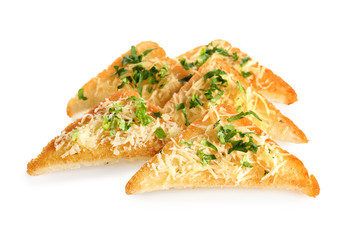Tasty bread slices with grated cheese, garlic and herbs on white background