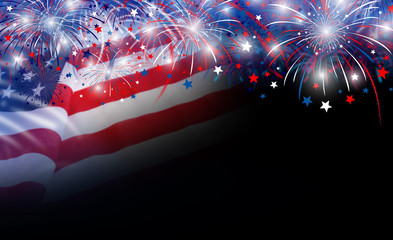 USA flag and fireworks background with copy space