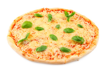 Delicious pizza with melted cheese and basil on white background