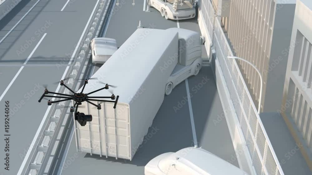 Poster octocopter recording car accident by dslr camera. 3d rendering animation.
