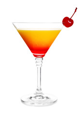 Glass of Tequila Sunrise cocktail on white background