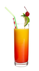 Glass of Tequila Sunrise cocktail on white background