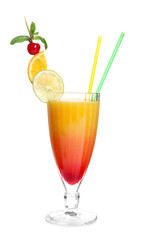 Glass of Tequila Sunrise cocktail on white background